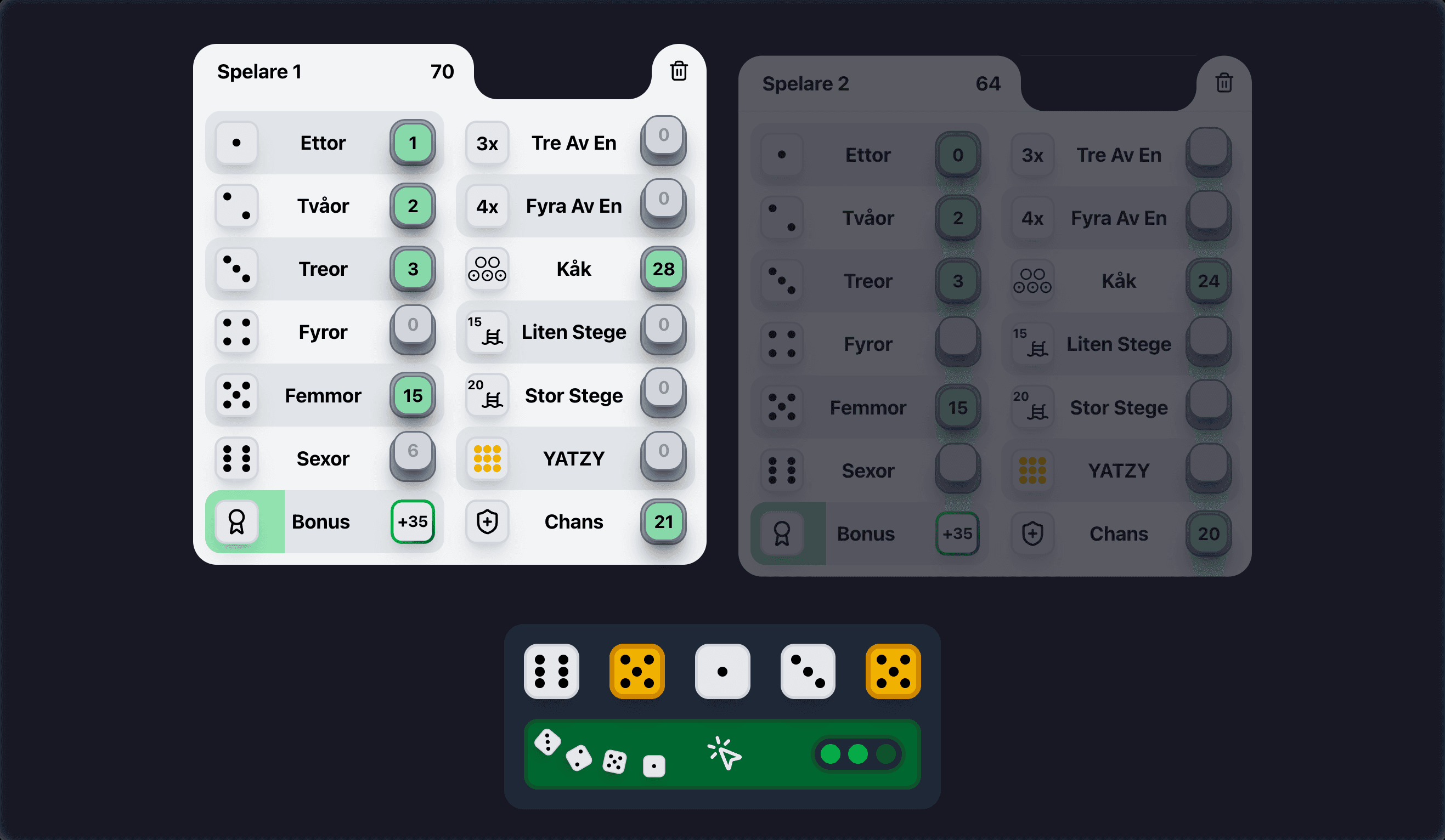 Yatzy score sheet and dice in the browser