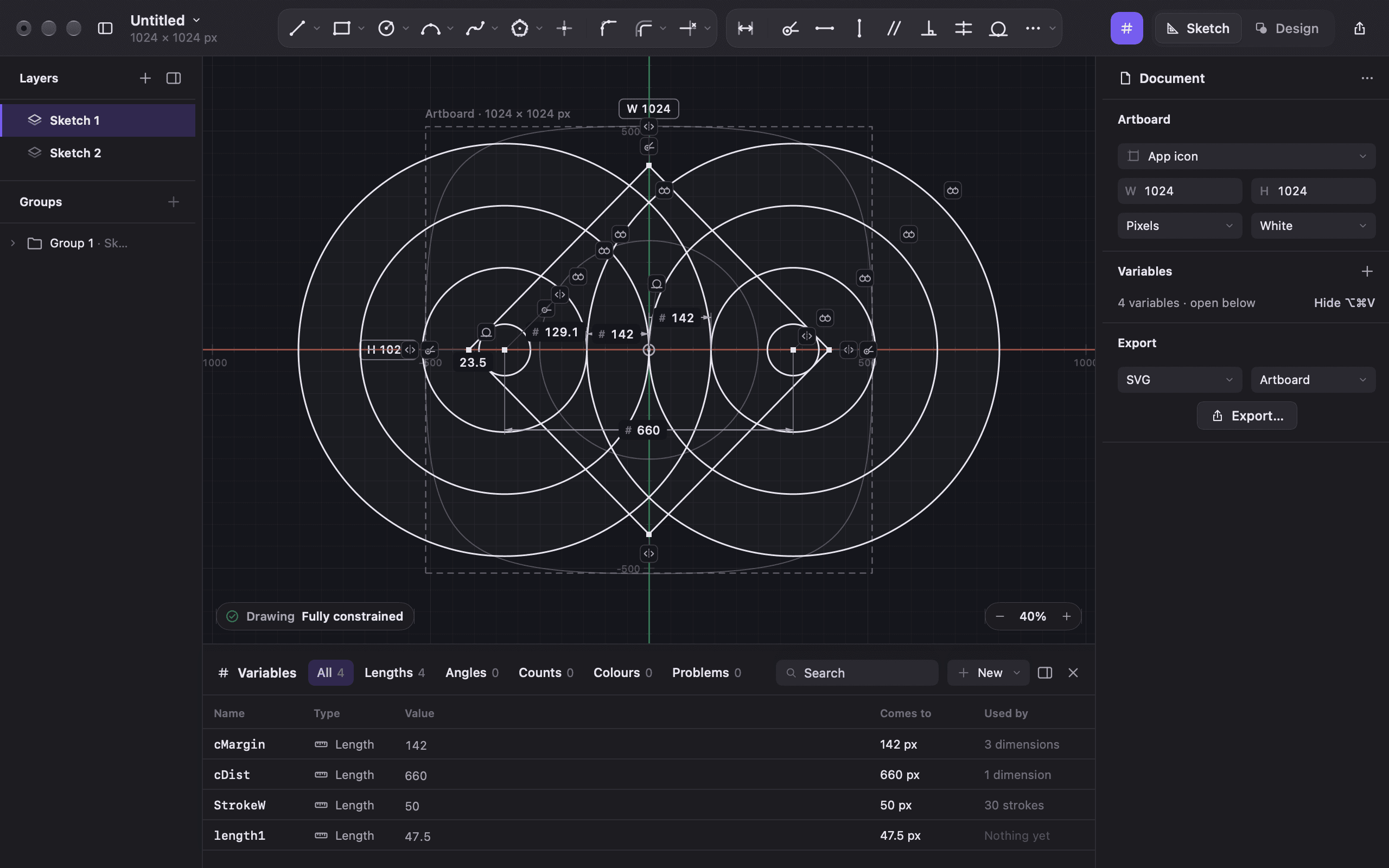 A fully constrained logo sketch in Calister, with the Variable Studio docked below listing the lengths that drive it
