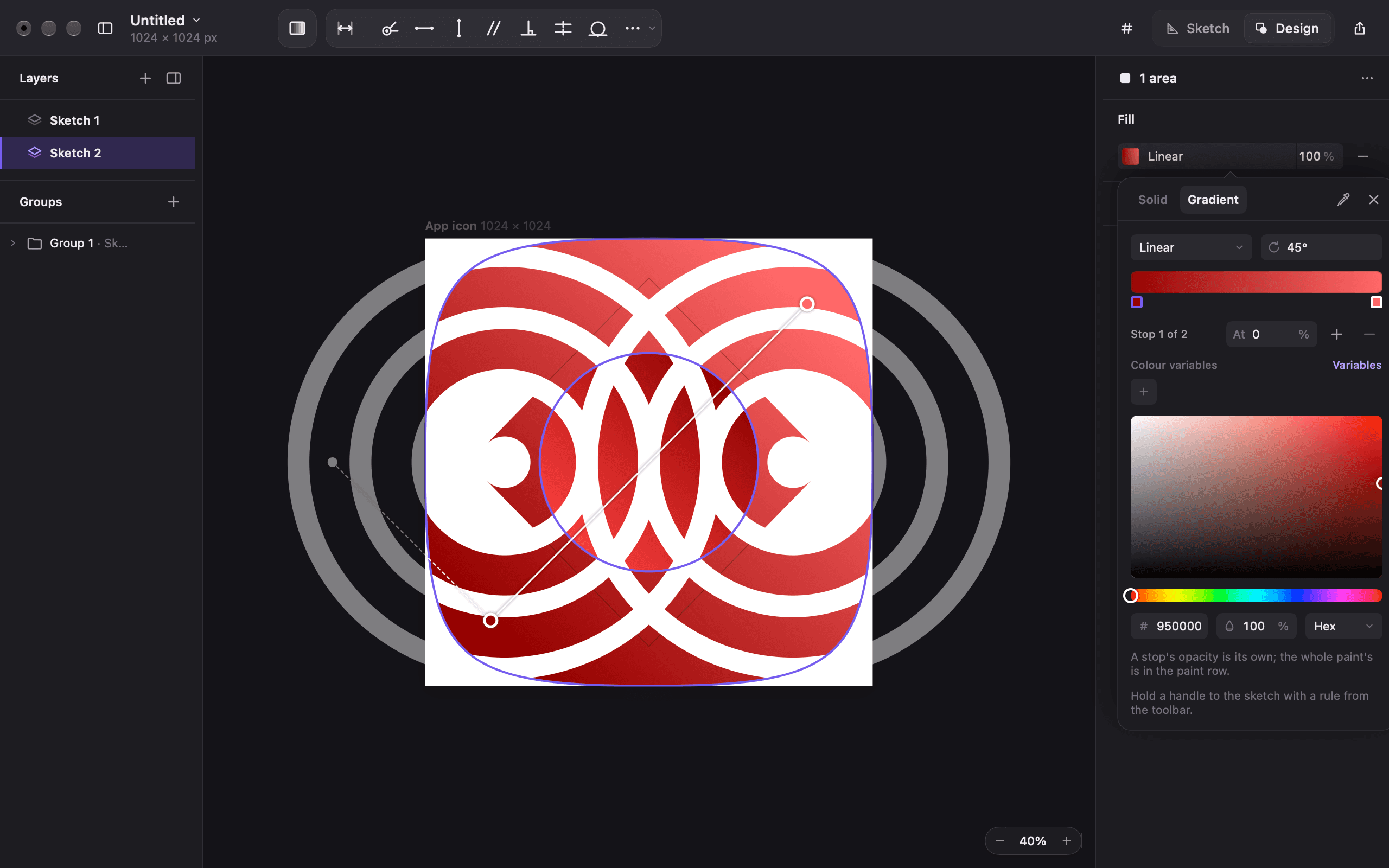 The same logo in Design mode, a red linear gradient picked with its handles on the canvas and the gradient picker open