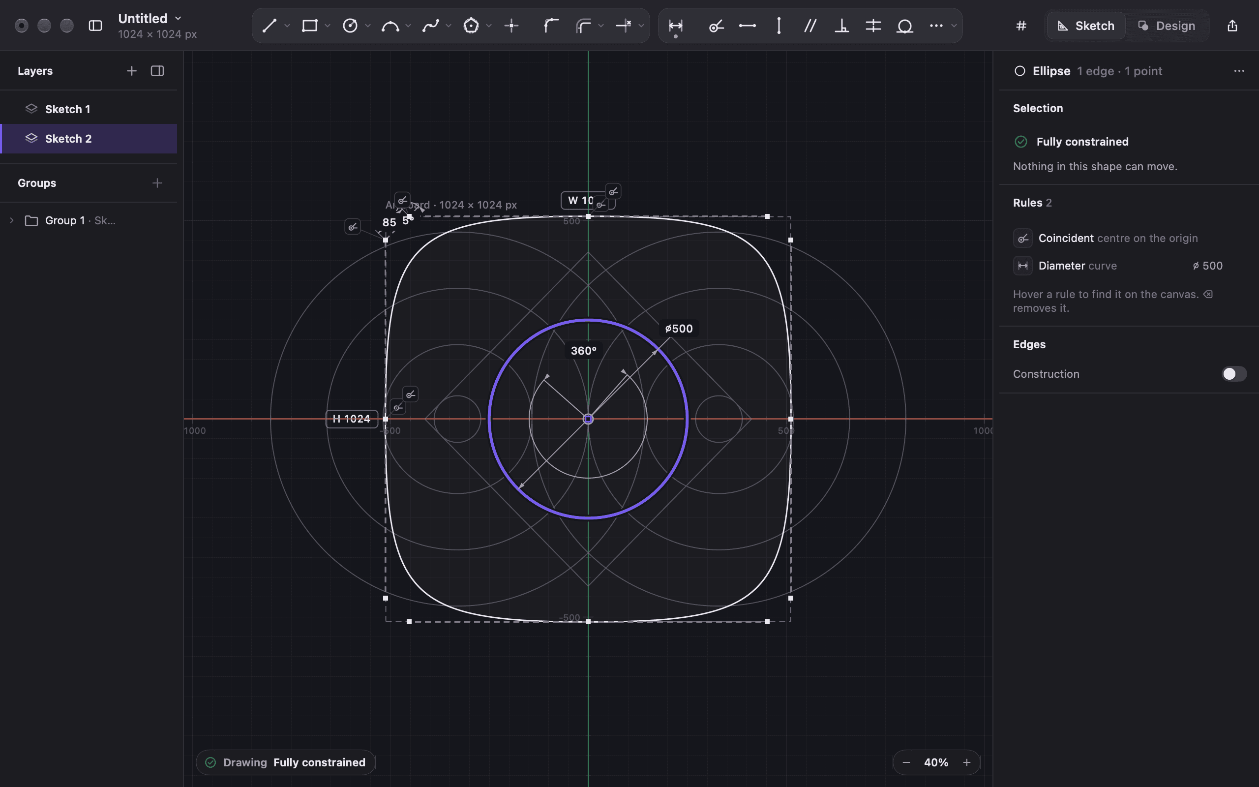 The second sketch in the stack open over the first, a circle selected and the inspector listing the rules that hold it