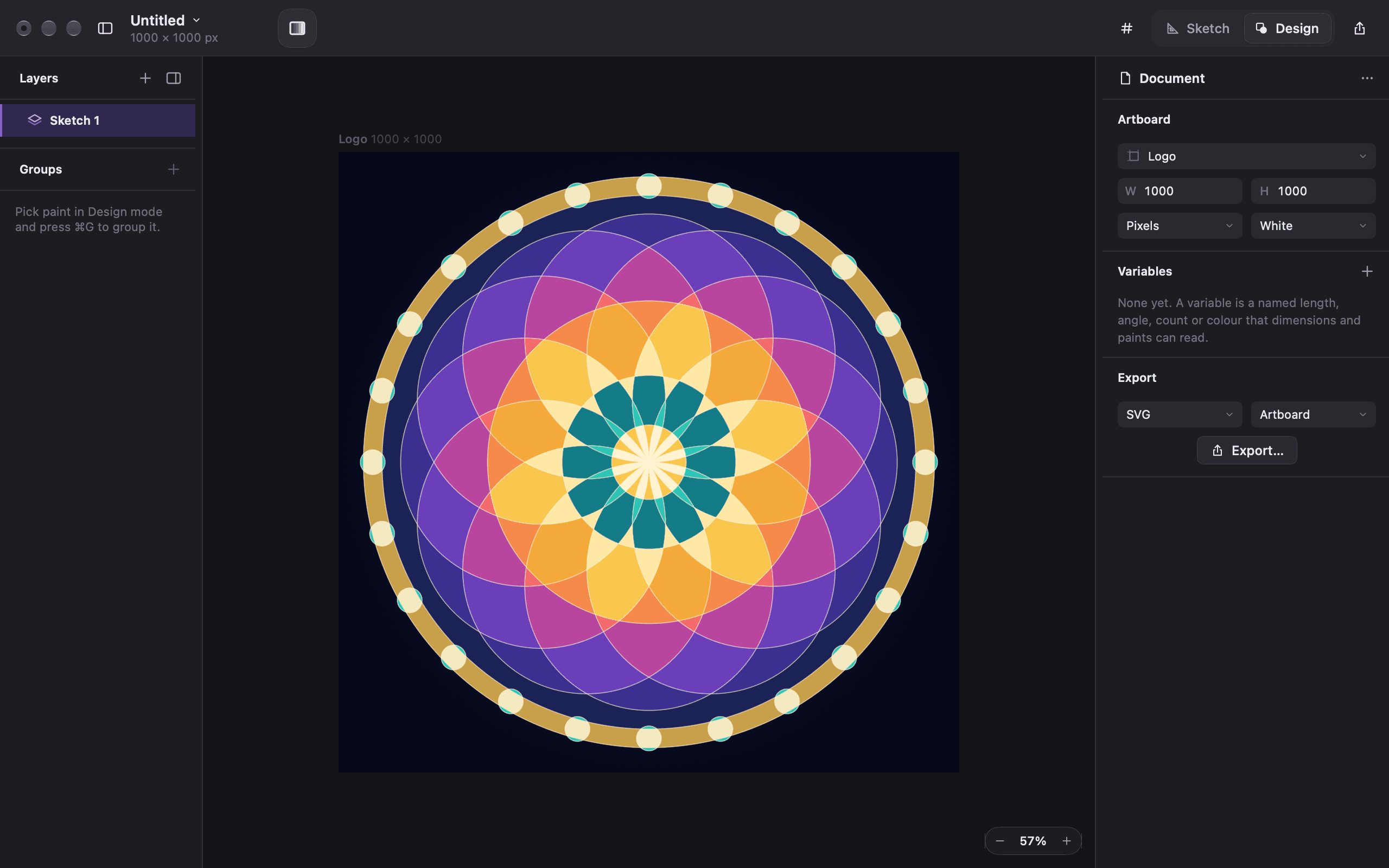 A finished rosette in Design mode, built from patterned circles and painted area by area