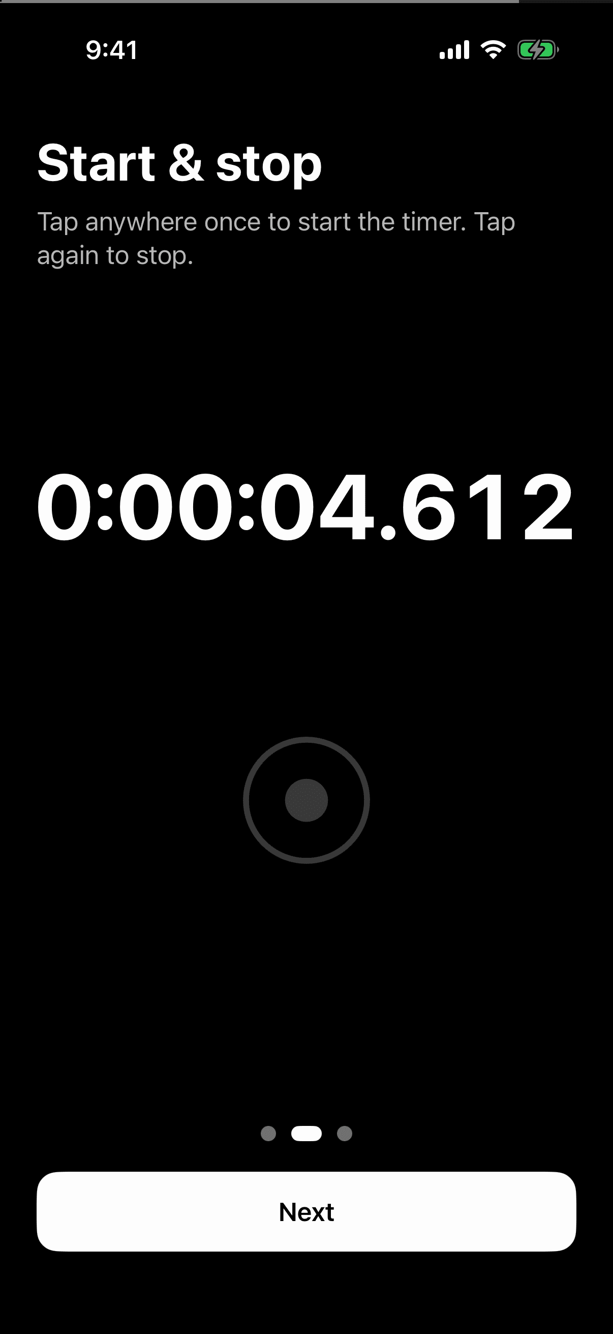 Fulltime's introduction showing a tap anywhere starting the timer