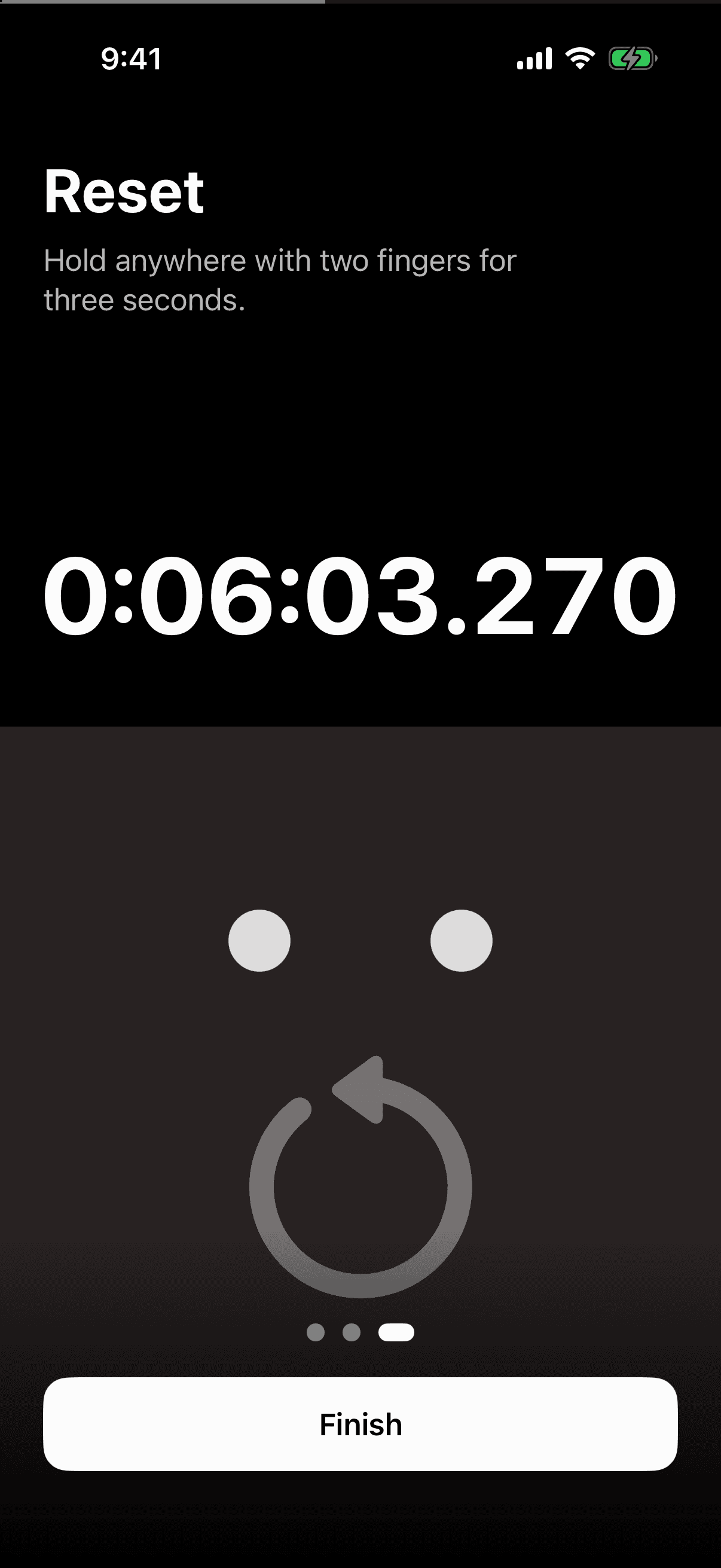 Fulltime's introduction showing the two-finger hold that resets the timer