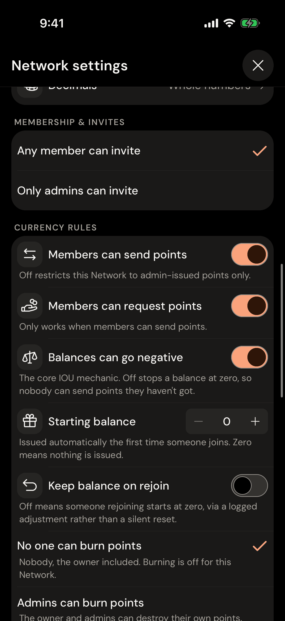 A network's rules in iou